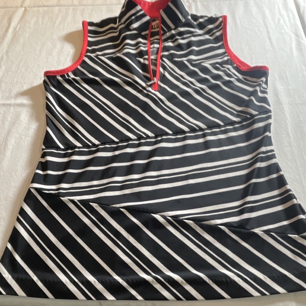 Tail Women's‎ Black White Striped Sleeveless 1/4 Zip Mock Neck Athletic Tank S